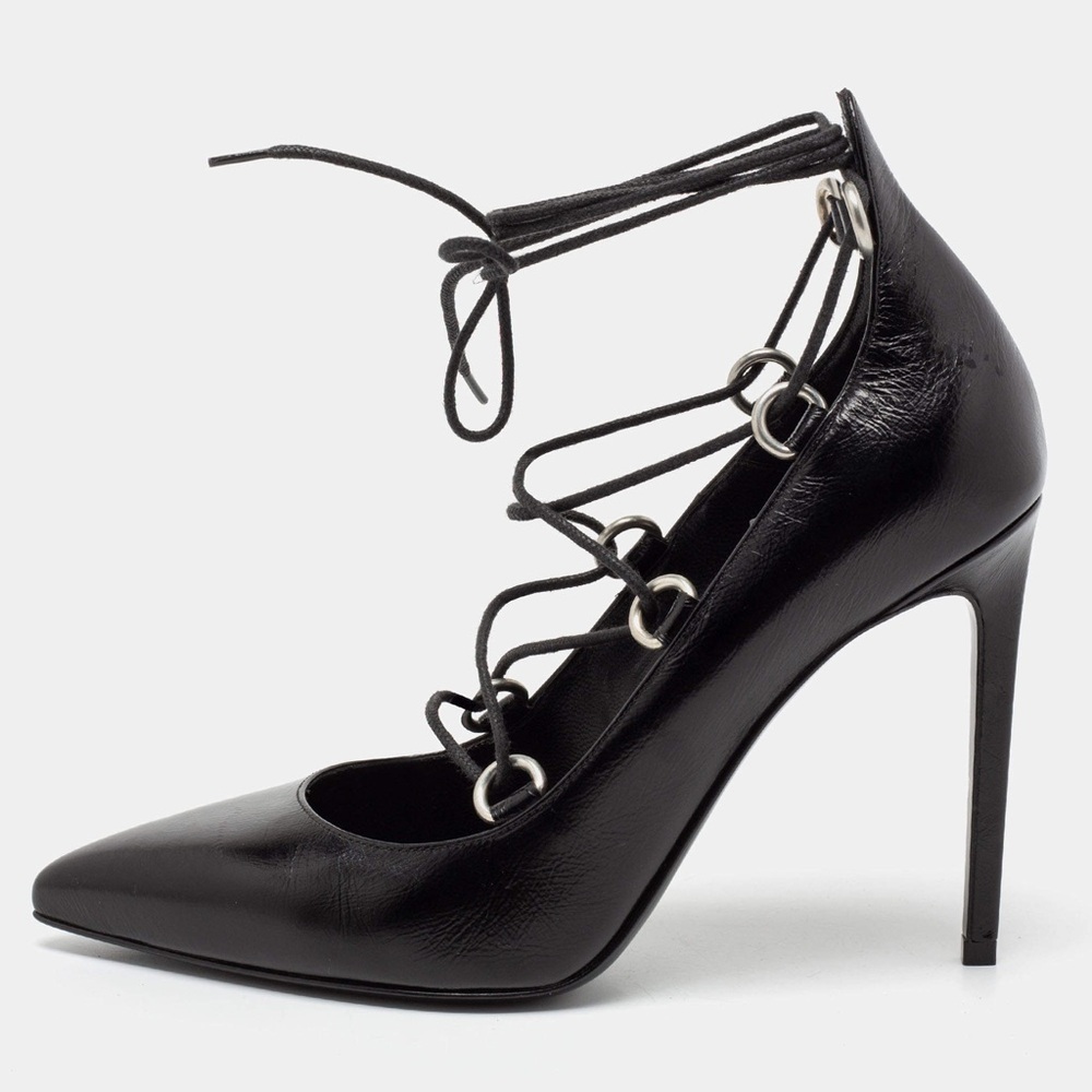 SAINT LAURENT Paris 105 Lace-Up Escarpin Heels • 38 / 8 •Black • RARE $995